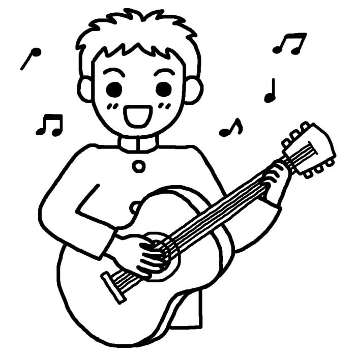 ギター 白黒 音楽 楽器演奏の無料イラスト 部活動 クラブ活動 文化部 学校素材