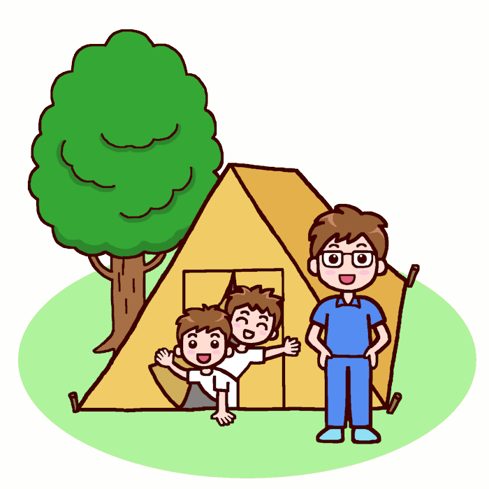 テントに泊まるよ カラー 林間学校の無料イラスト 夏の季節 行事 学校素材