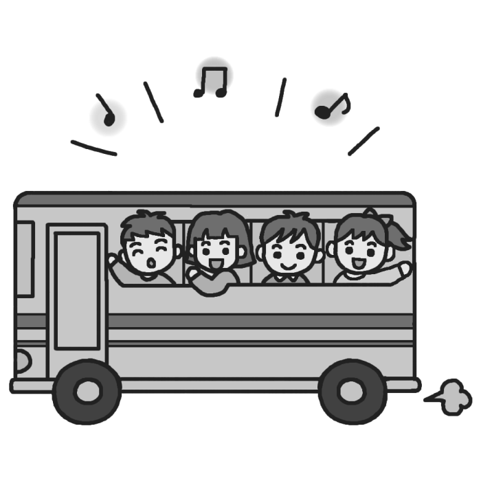 楽しいバス旅行 モノクロ 修学旅行の無料イラスト 学校行事素材