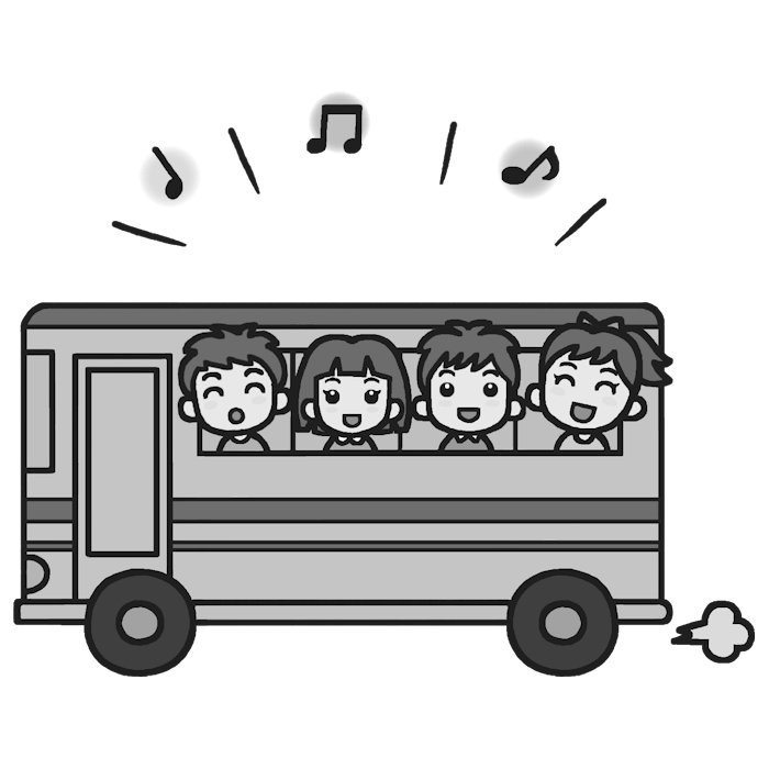 楽しいバス旅行(モノクロ)/修学旅行の無料イラスト/学校行事素材