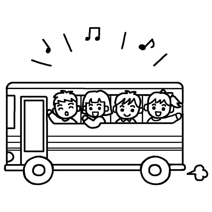 楽しいバス旅行 白黒 修学旅行の無料イラスト 学校行事素材