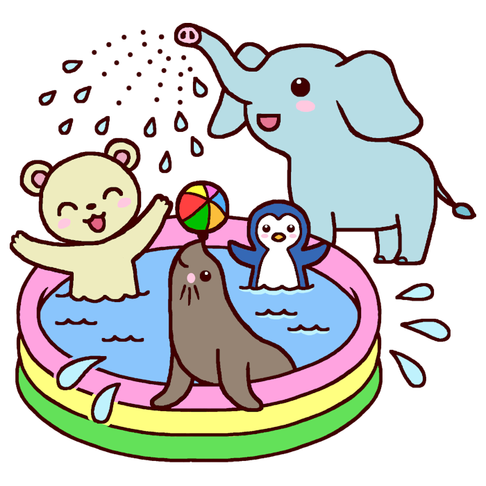 動物たちのプール カラー プール 水遊びの無料イラスト 夏の季節 行事 保育素材