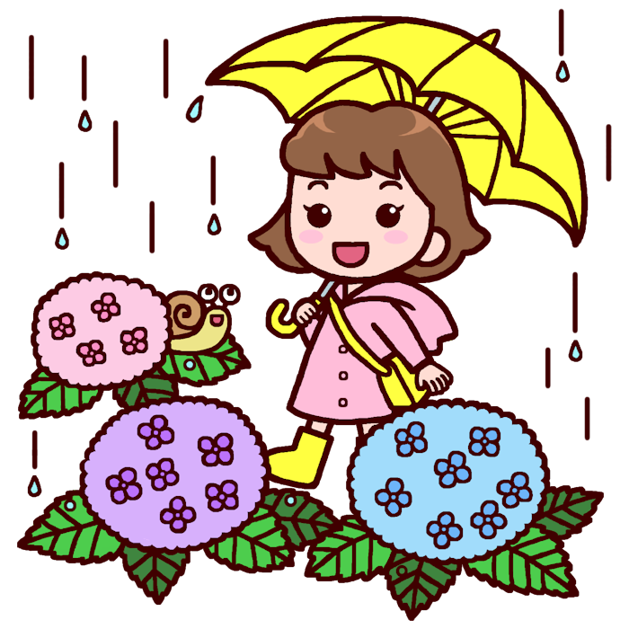 女の子とアジサイ カラー つゆ 梅雨の無料イラスト 夏の季節 行事 保育素材