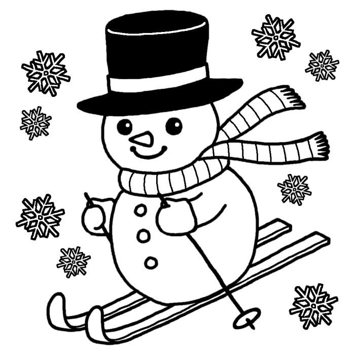 スノーマンのスキー 白黒 スノーマン クリスマス 無料イラスト素材