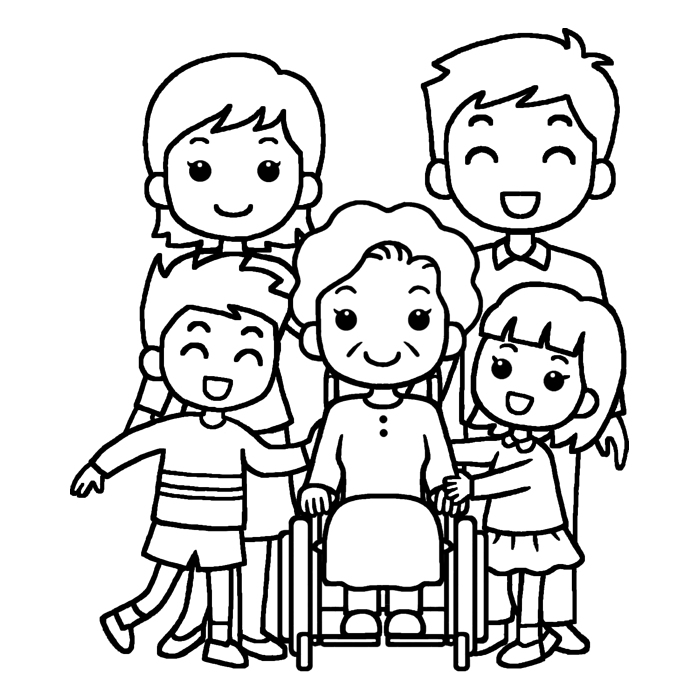 おばぁちゃんと家族(白黒)/車椅子4/介護・医療/無料イラスト素材