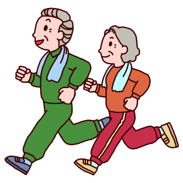 ジョギング カラー 夫婦仲良く 高齢者の無料イラスト 人物素材