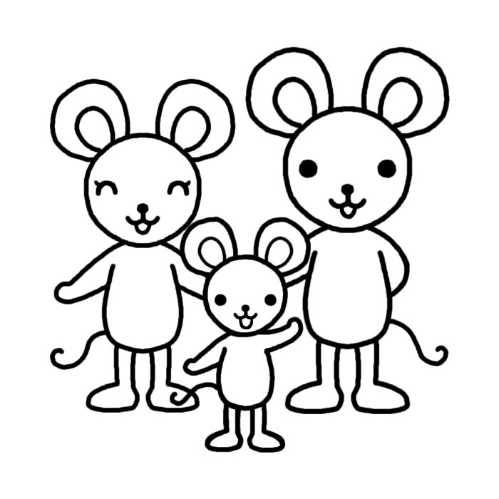 ネズミ 白黒 家族 かわいい動物の無料イラスト素材