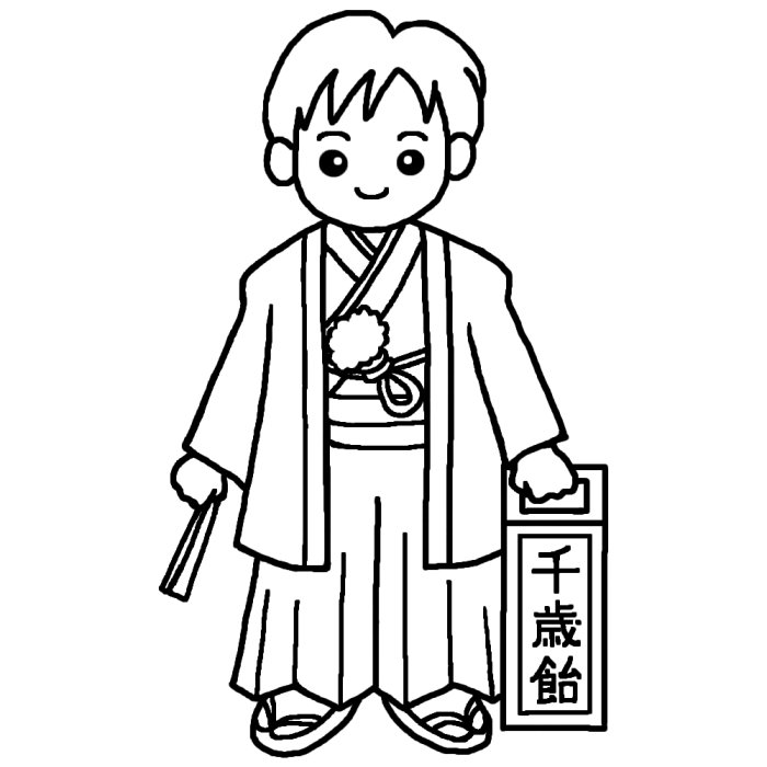 羽織袴の男の子 五歳 白黒 七五三の無料イラスト 秋の季節 行事素材