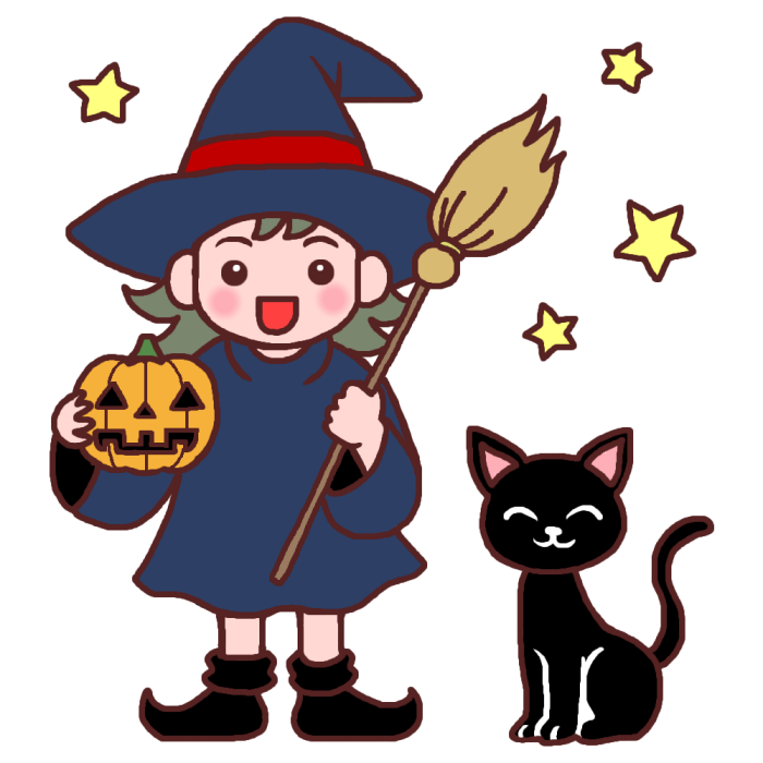 魔女と黒猫とカボチャ カラー ハロウィンの無料イラスト 秋の季節 行事素材