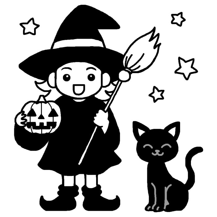 魔女と黒猫とカボチャ 白黒 ハロウィンの無料イラスト 秋の季節 行事素材