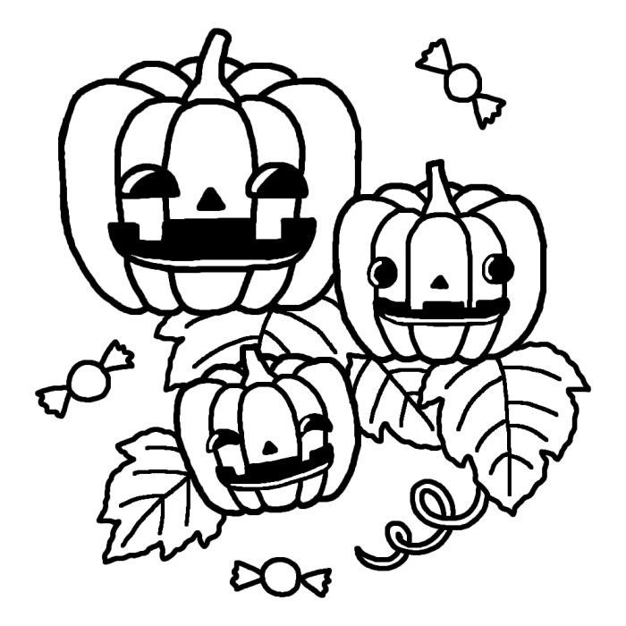 親子かぼちゃ 白黒 ハロウィンの無料イラスト 秋の季節 行事素材
