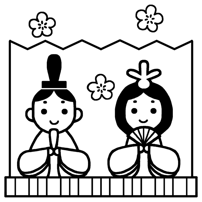 お内裏様とお雛様(白黒)/ひな祭りの無料イラスト/春の行事・季節素材