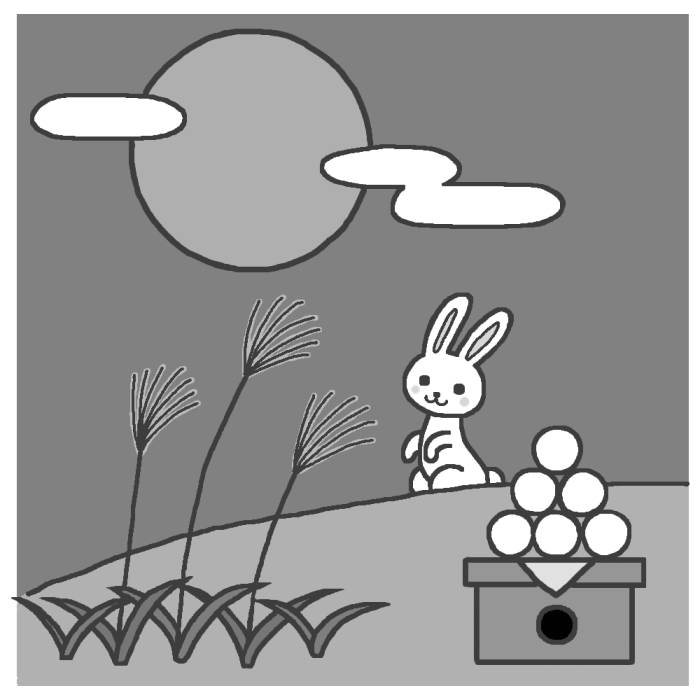 月とウサギと月見団子 モノクロ お月見 十五夜の無料イラスト 秋の季節 行事素材