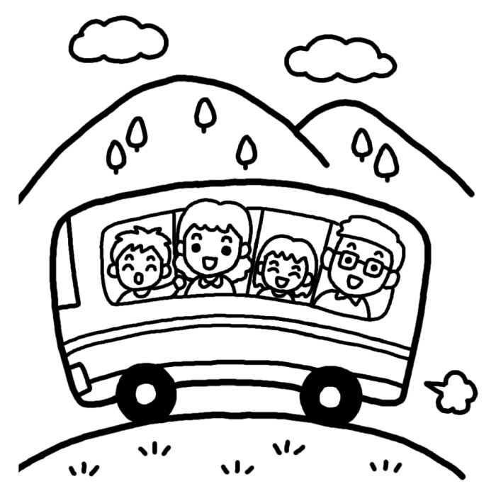 バス旅行 白黒 春の無料イラスト 季節素材