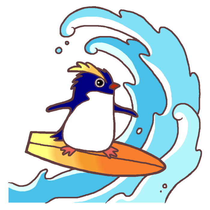 ペンギンのサーフィン カラー 海の生き物の無料イラスト 夏の季節素材