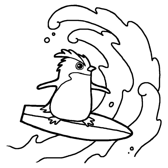 ペンギンのサーフィン 白黒 海の生き物の無料イラスト 夏の季節素材