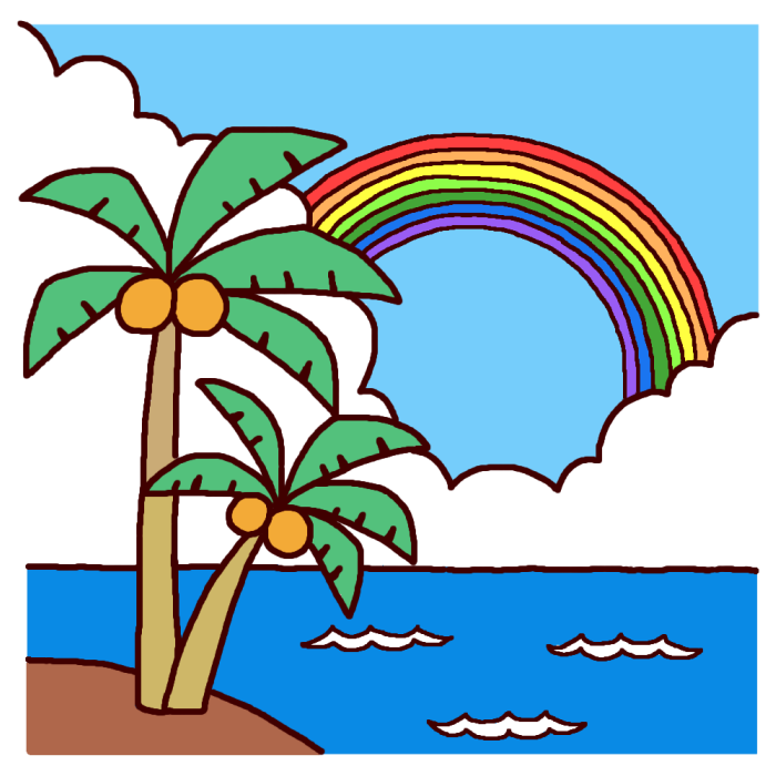 ヤシの木と虹 カラー 海の無料イラスト 夏の季節素材