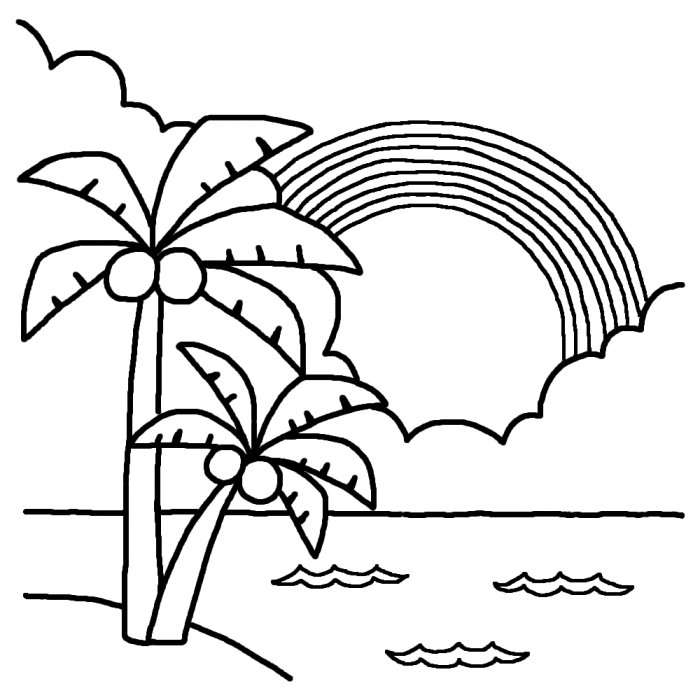 ヤシの木と虹 白黒 海の無料イラスト 夏の季節素材