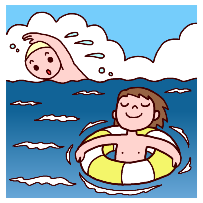 海でぷかぷか カラー 海水浴の無料イラスト 夏の季節素材