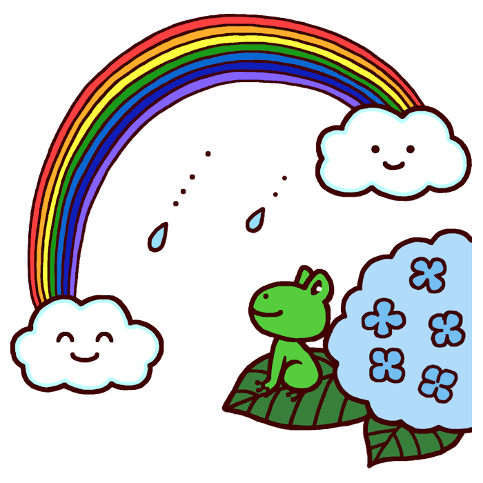 虹とカエル カラー 梅雨 6月の無料イラスト 夏の季節 行事素材