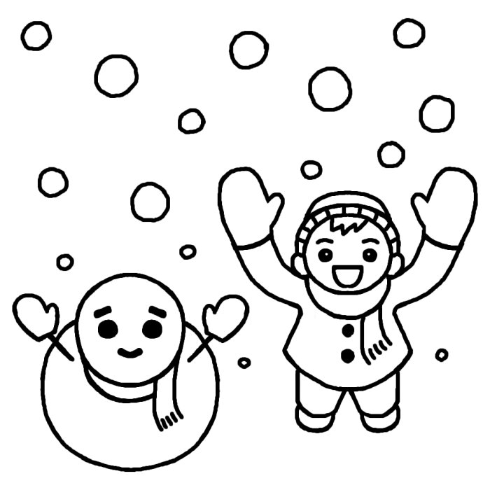 雪だるまと子供 白黒 雪だるま 雪遊びの無料イラスト 冬の季節素材