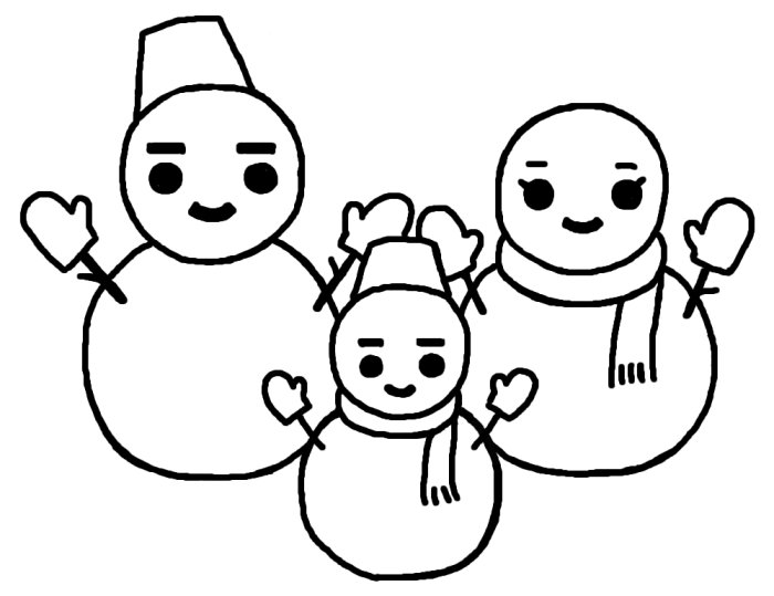 雪だるま親子(白黒)/雪だるま・雪遊びの無料イラスト/冬の季節素材