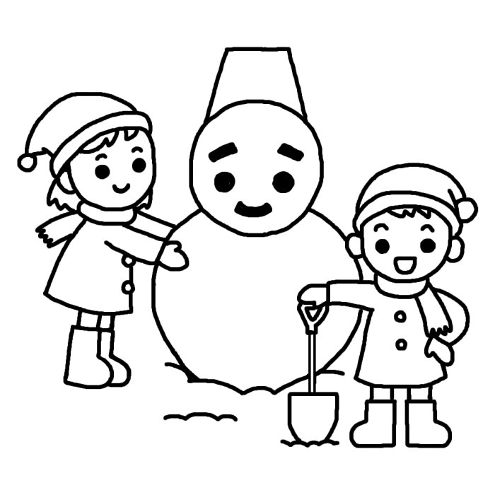 雪だるま作り 白黒 雪だるま 雪遊びの無料イラスト 冬の季節素材